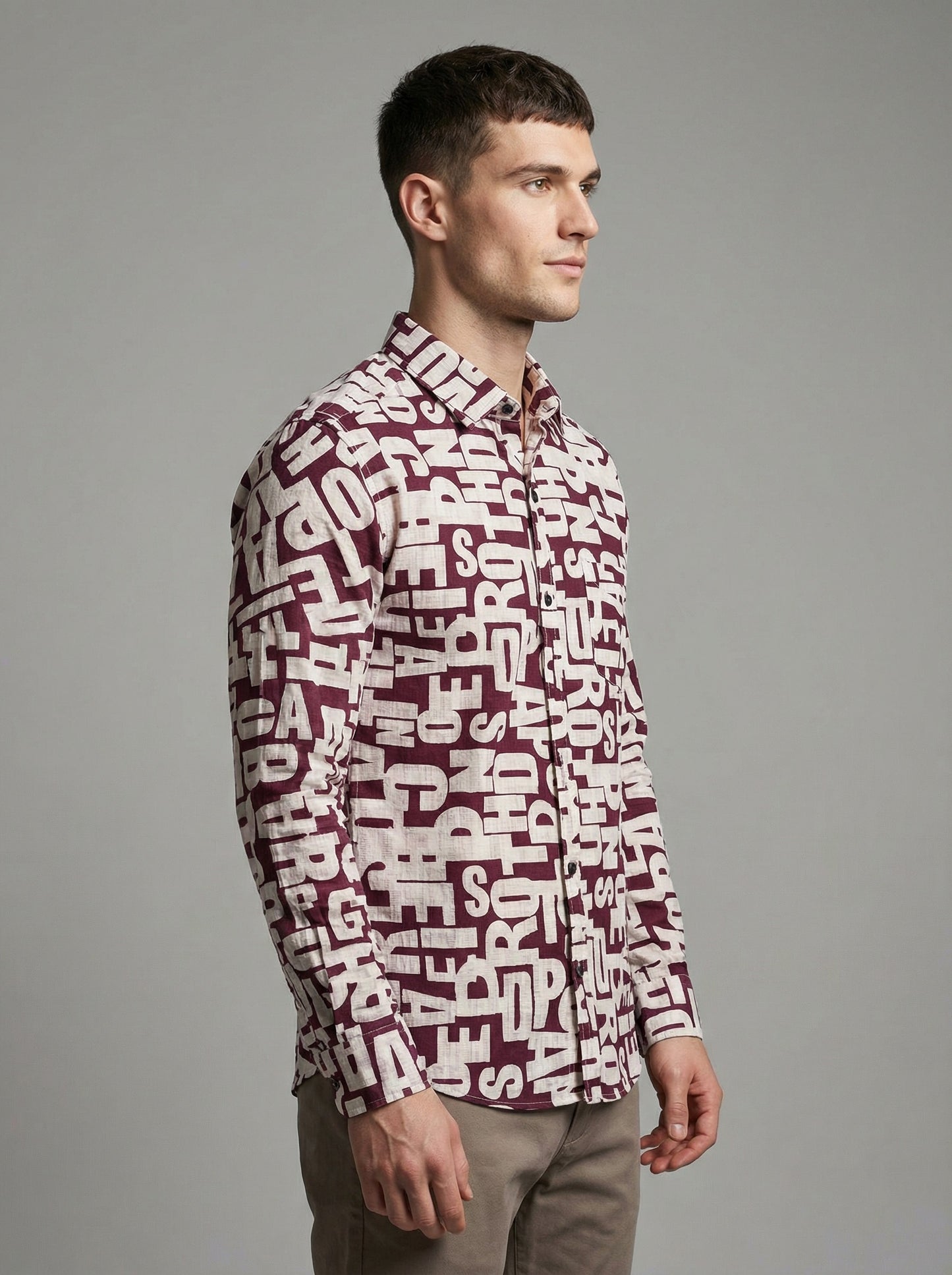 Men's Abstract Alphabet Print Button-Up Shirt - Burgundy & Cream Graphic Long Sleeve