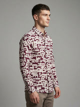 Men's Abstract Alphabet Print Button-Up Shirt - Burgundy & Cream Graphic Long Sleeve