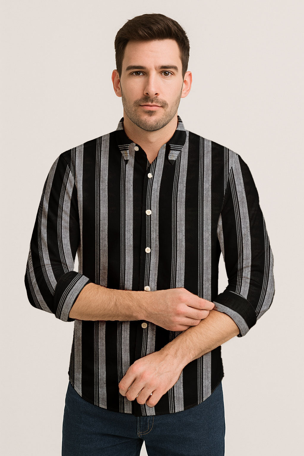 Classic Long Sleeve Vertical Stripe Button Down Shirt – Cotton Blend for Casual & Business Wear