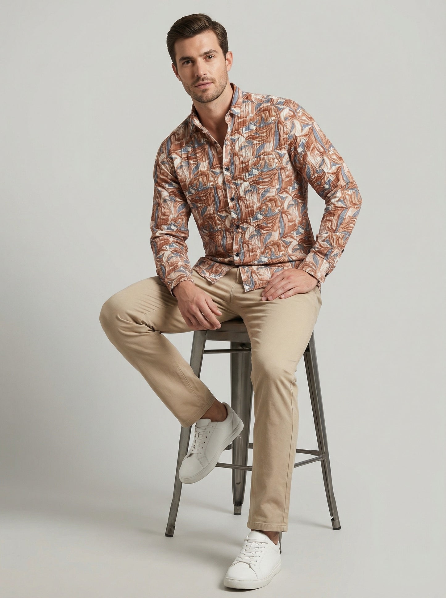 Abstract Marble Print Crinkle-Textured Button-Down Shirt