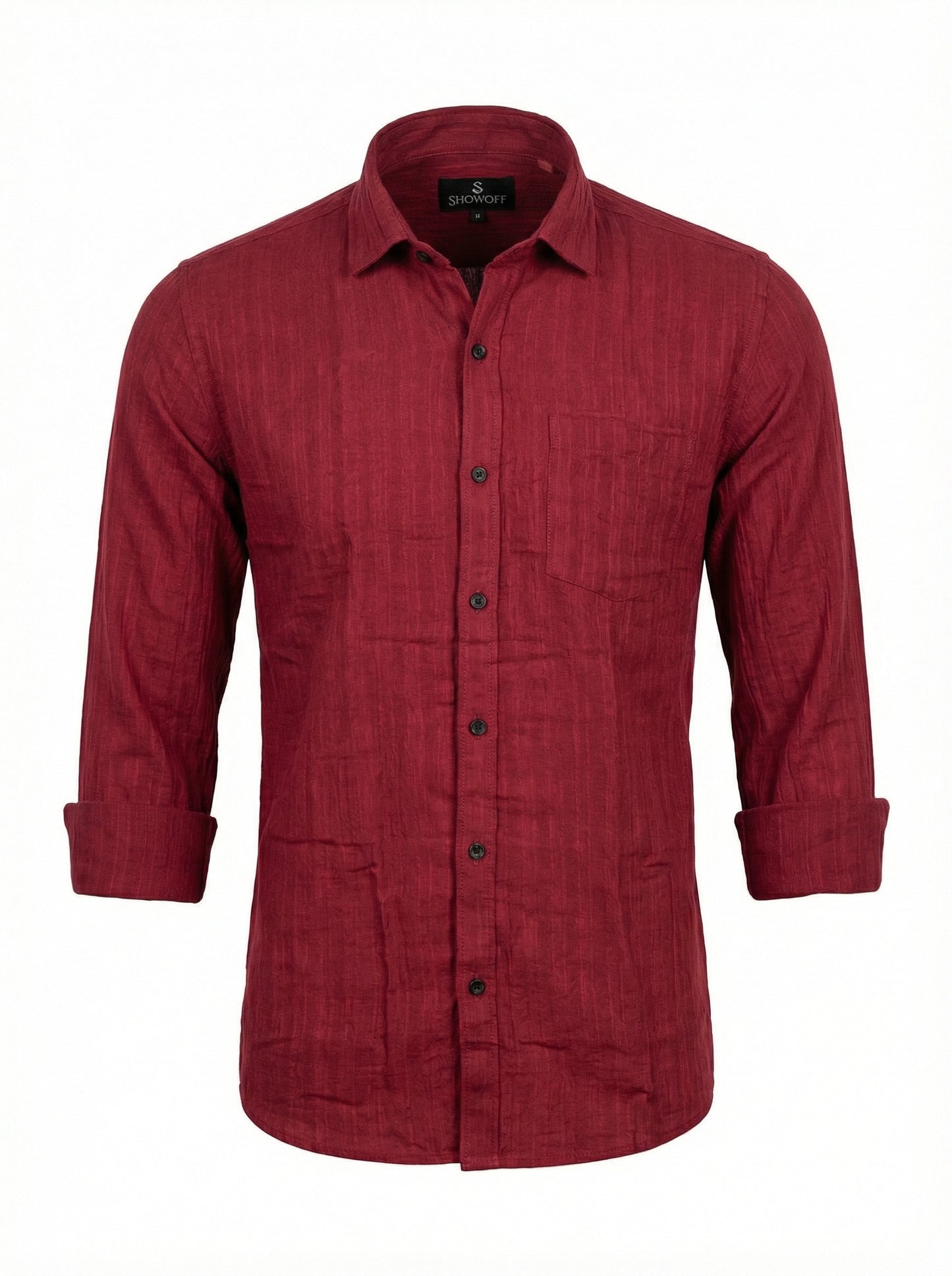 Men's Wine Red Textured Double Gauze Long Sleeve Button-Down Shirt