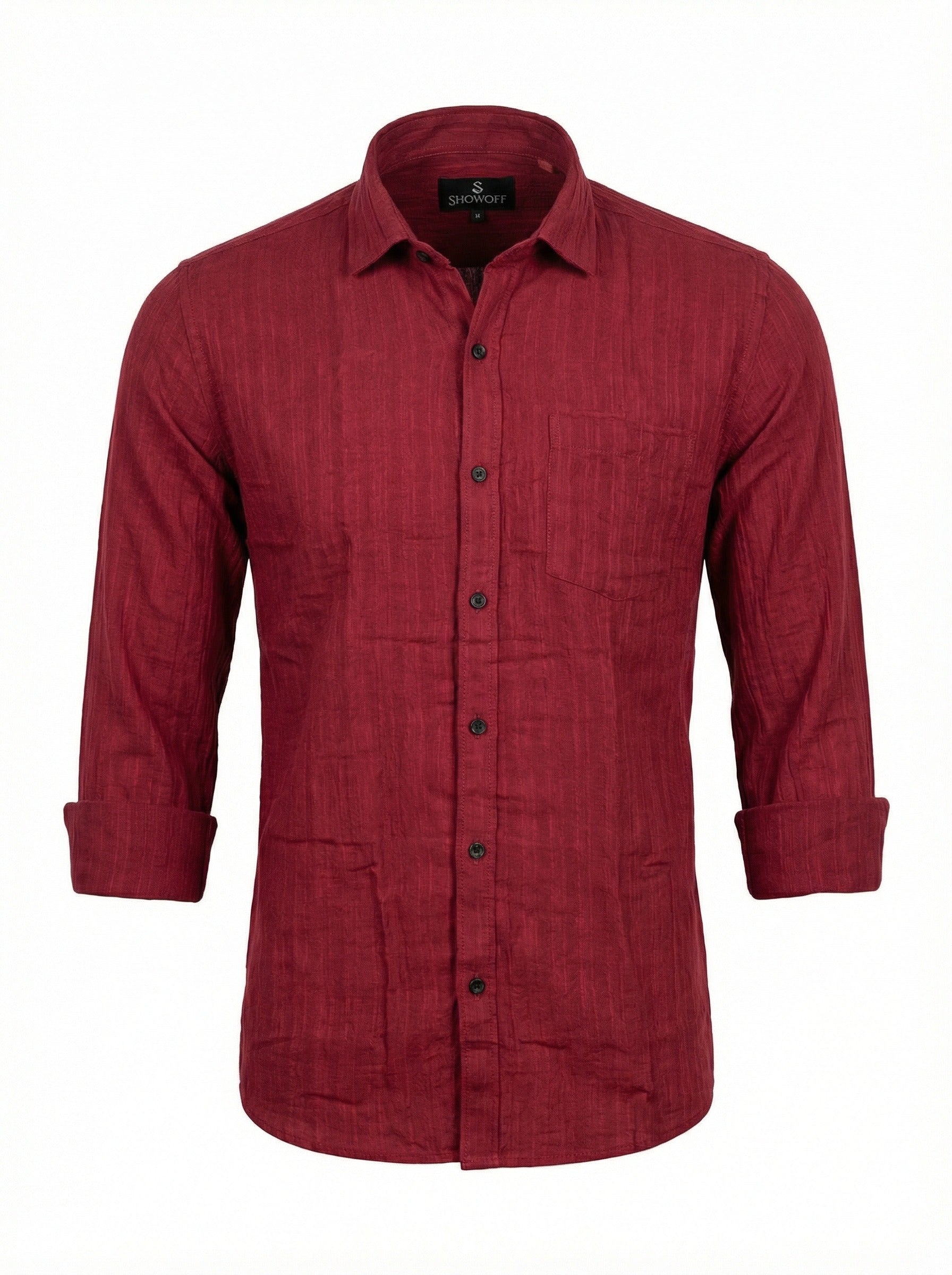 Men's Wine Red Textured Double Gauze Long Sleeve Button-Down Shirt