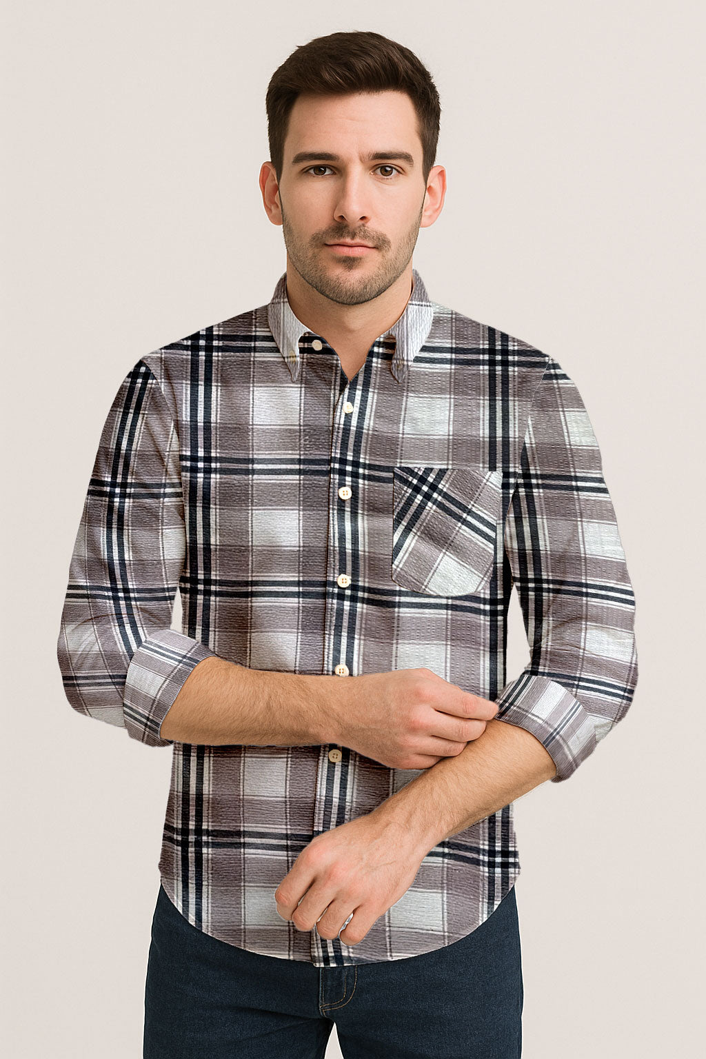 Men's Long Sleeve Plaid Shirt – Textured Cotton Blend Seersucker Button Down for Casual Everyday Wear