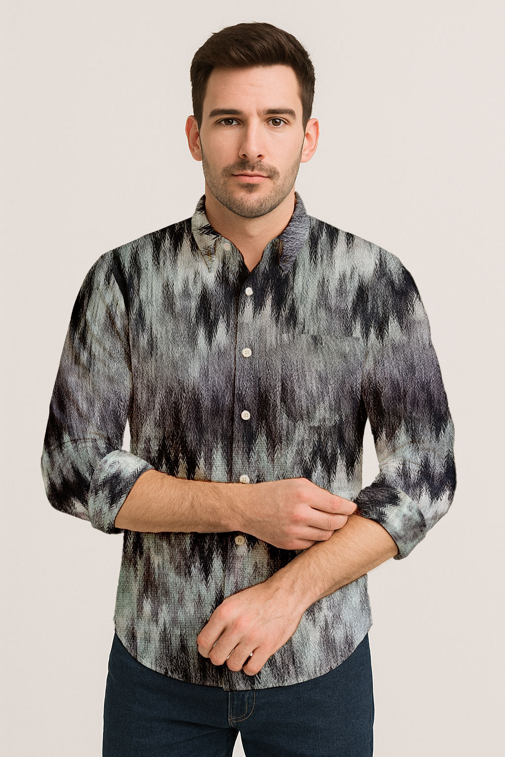 Zigzag Print Long Sleeve Shirt – Cotton Blend Button Down Casual Wear