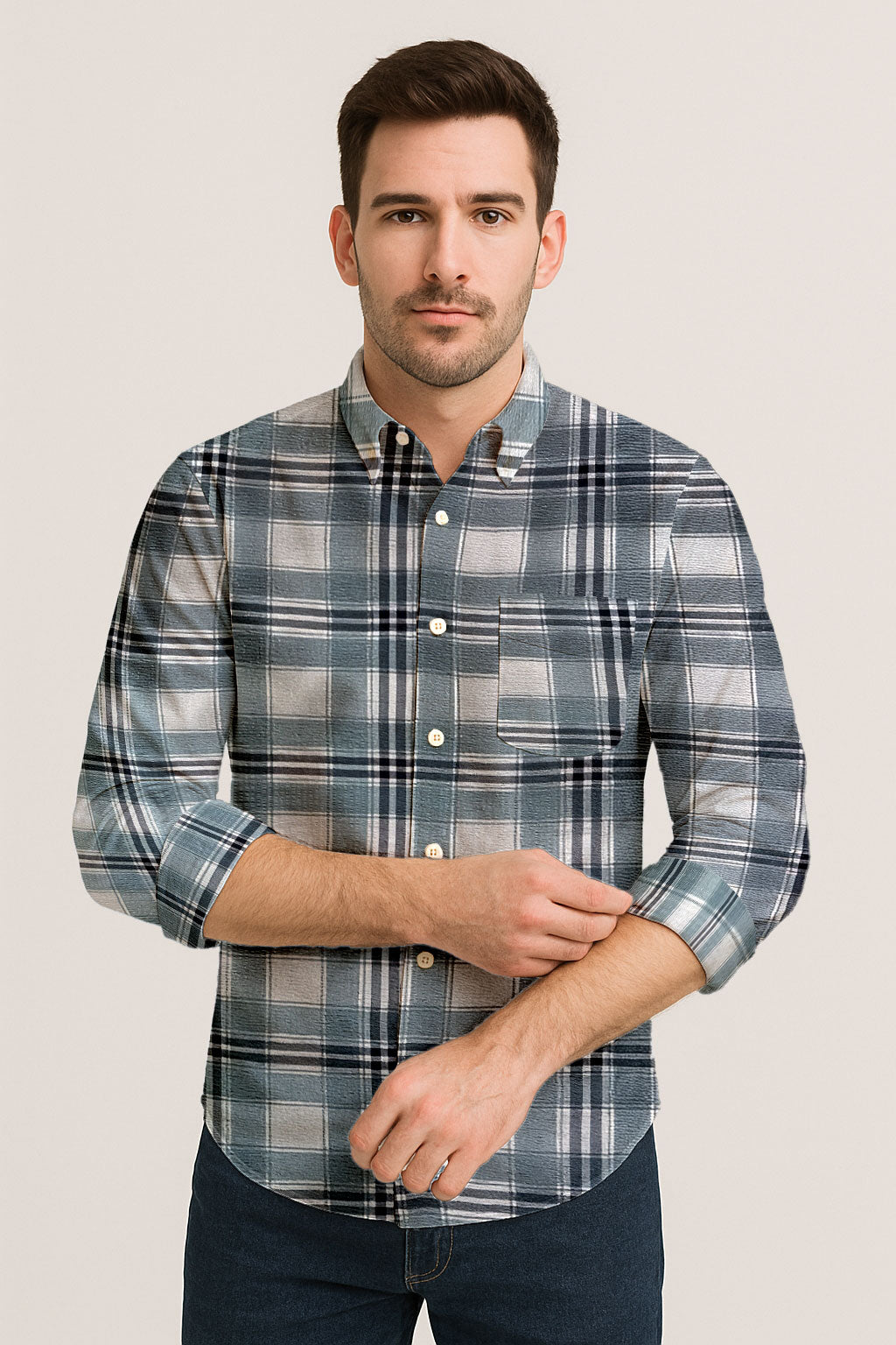 Men's Long Sleeve Plaid Shirt – Textured Cotton Blend Seersucker Button Down for Casual Everyday Wear