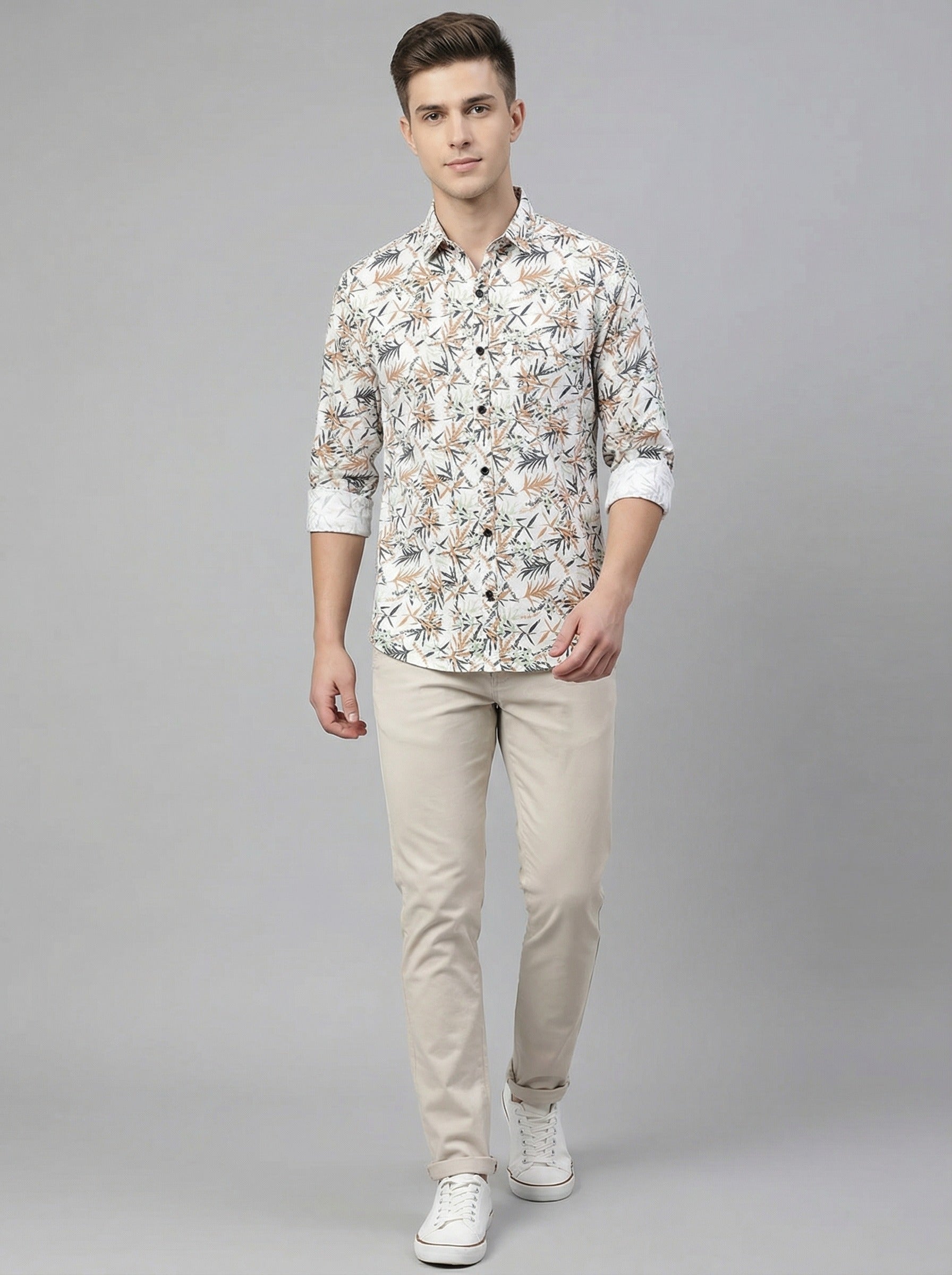 Men's Tropical Palm Orange Leaf Print Long Sleeve Button-Down Casual Shirt - Summer Vacation Style