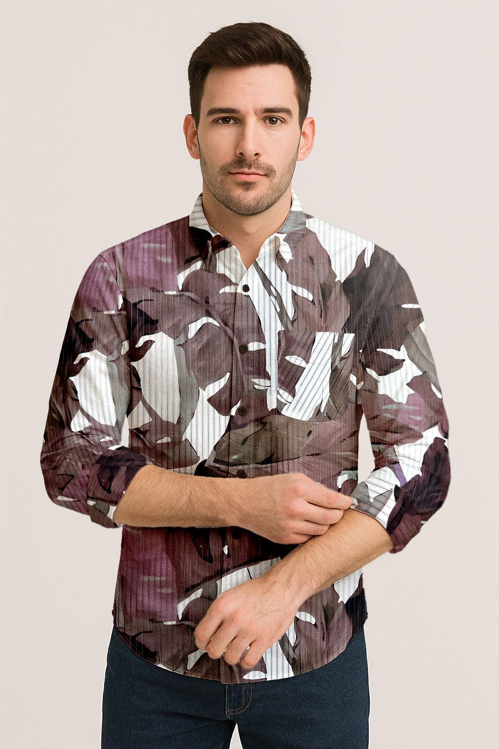 Men’s Long Sleeve Button Down Shirt – Tropical Leaf Print Cotton Shirt, Casual Summer Dress Shirt