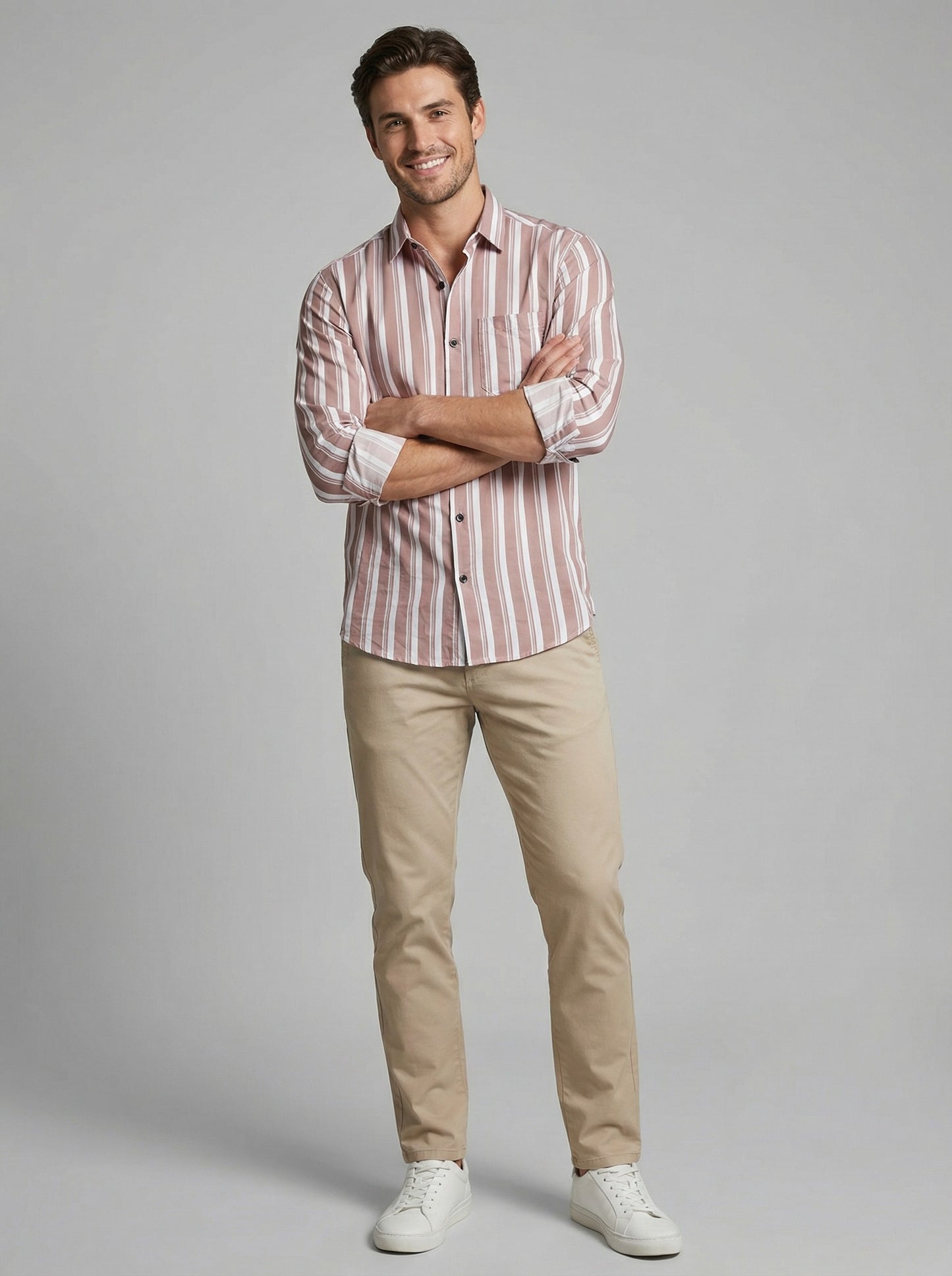 Men's Casual Striped Button-Down Short Sleeve Shirt - Mauve & White