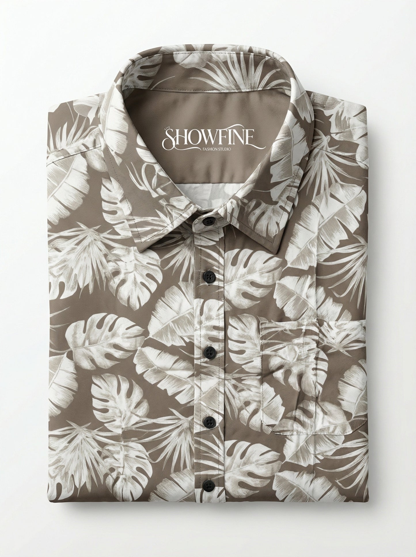 Men's Beige Tropical Leaf Print Long Sleeve Button-Down Shirt