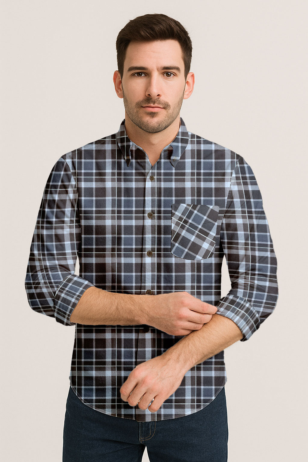 Long Sleeve Plaid Cotton Shirt – Button Down Checkered Casual Dress Shirt