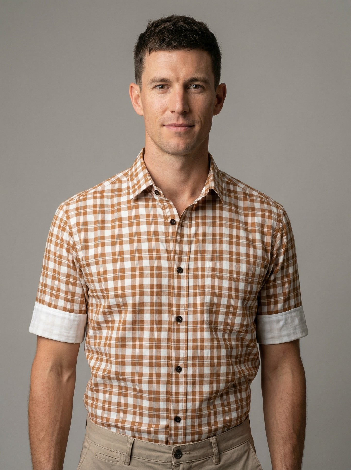 Men's Orange and White Gingham Checkered Button-Down Shirt