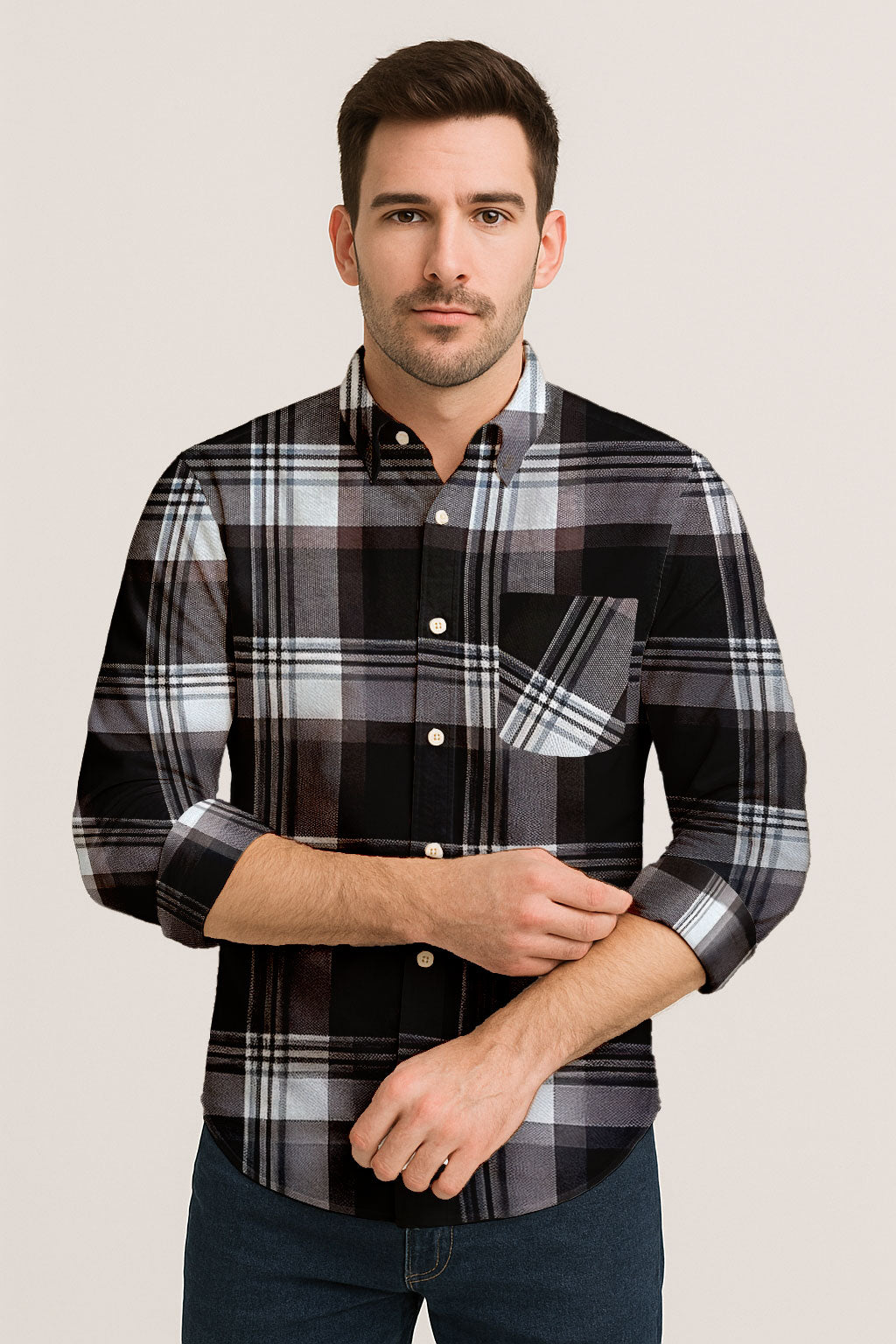 Classic Flannel Style Shirt – Long Sleeve Button Down in Checkered Plaid Pattern