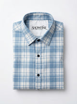 Men's Light Blue and White Plaid Button-Down Casual Shirt