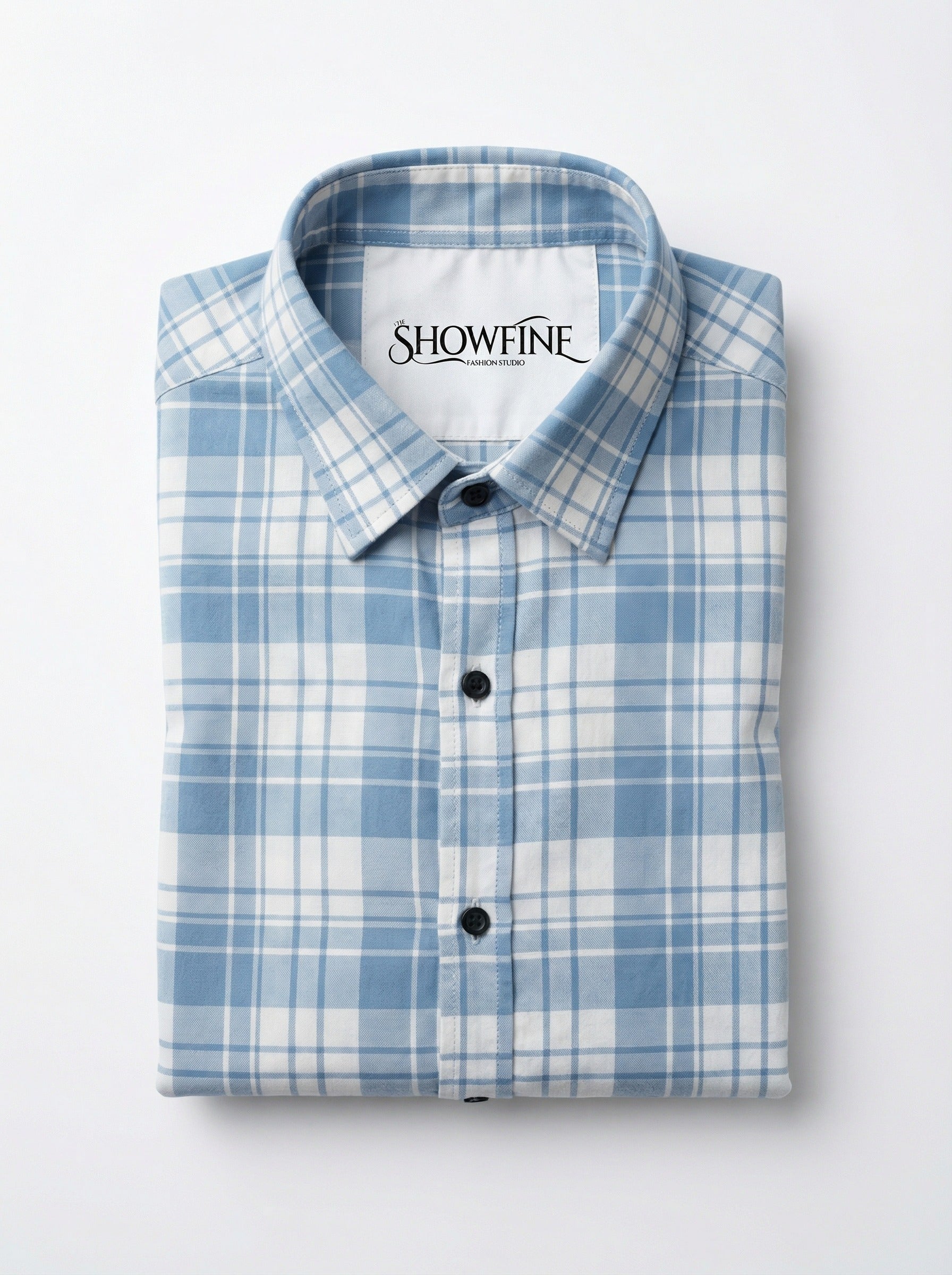 Men's Light Blue and White Plaid Button-Down Casual Shirt
