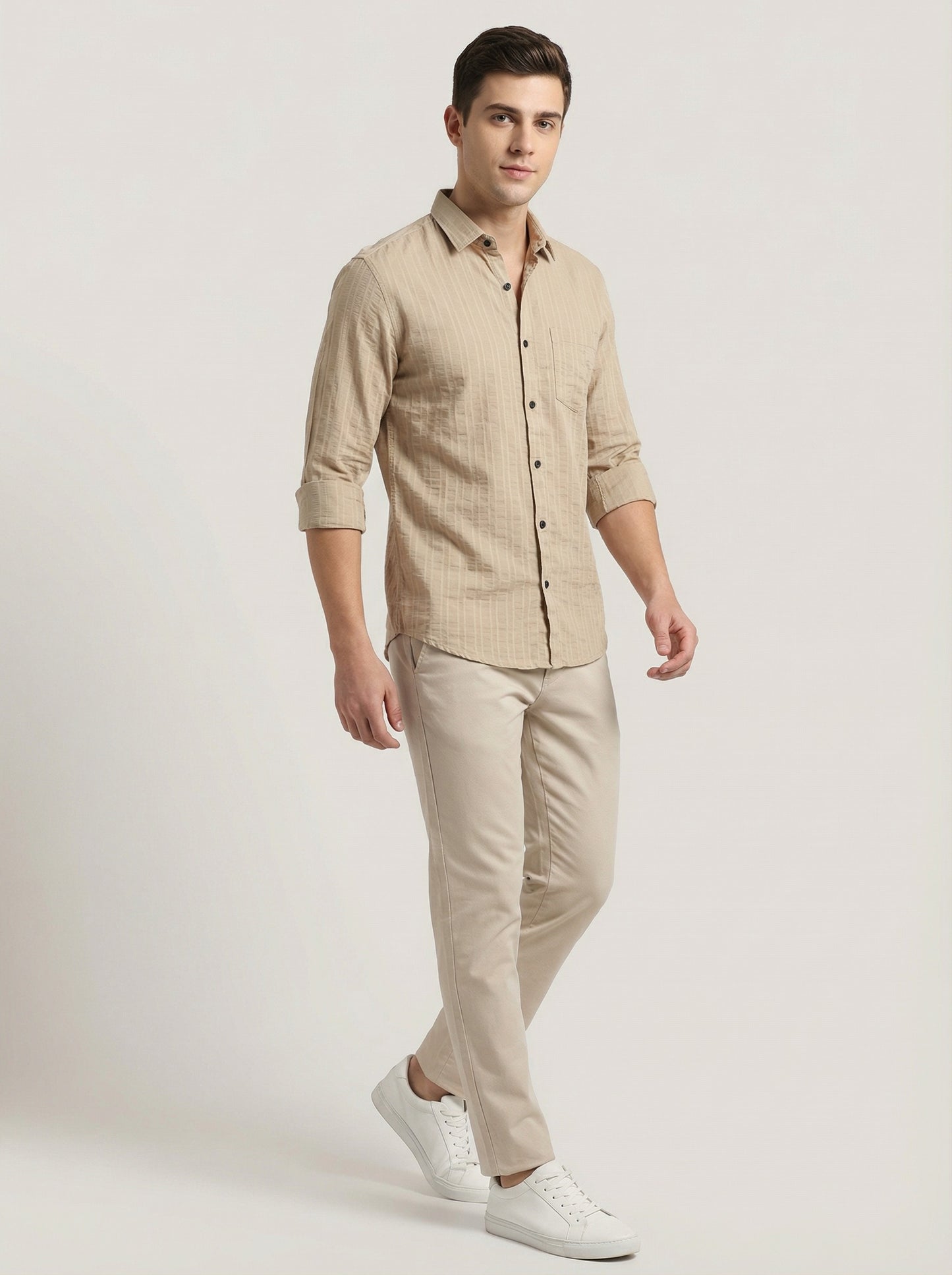 Men's Soft Crem Casual Long Sleeve Striped Button-Down Shirt