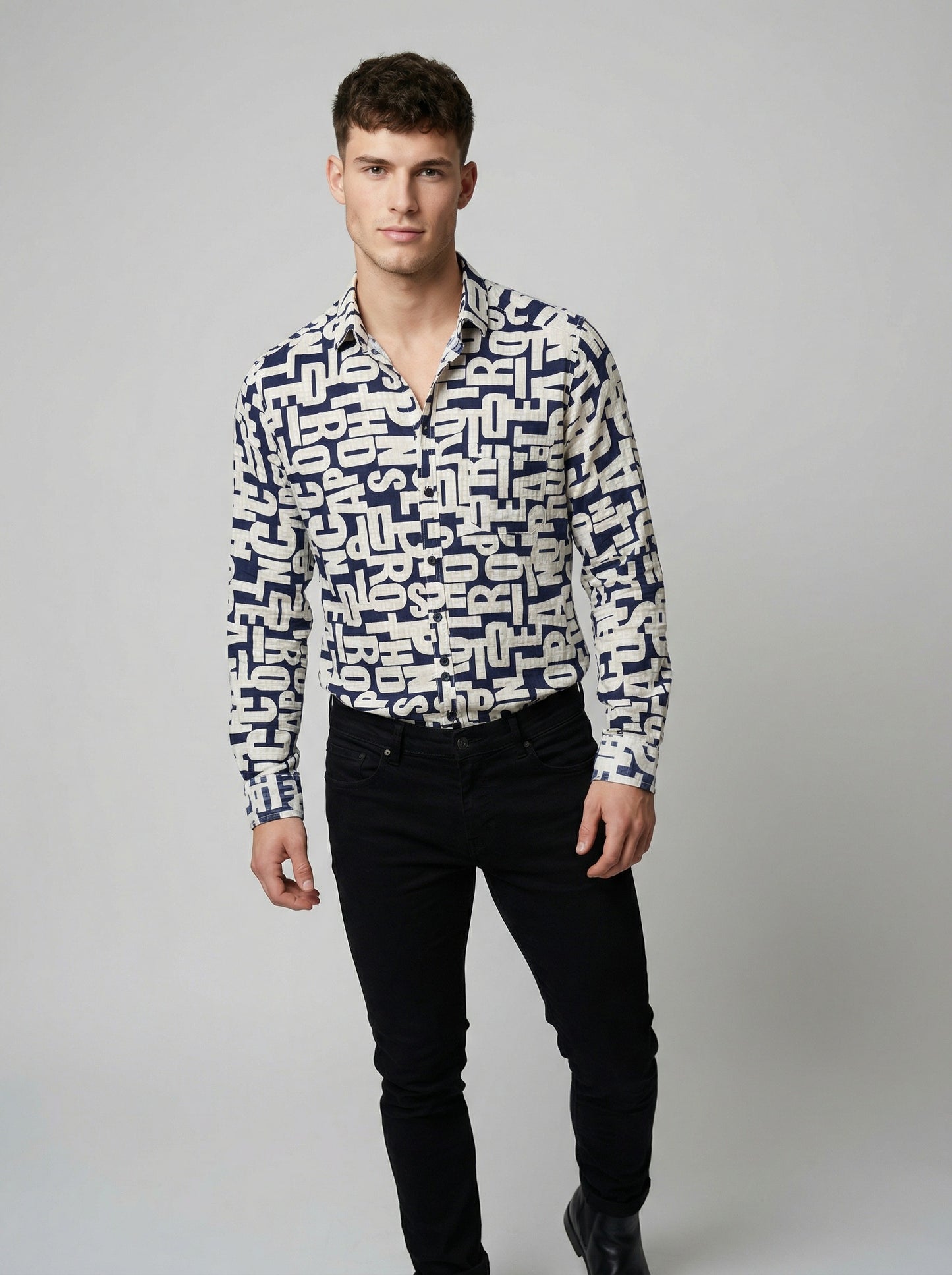 Men's Alphabet Graphic Print Long-Sleeve Button-Down Shirt