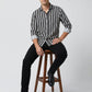Men's Bold Black and White Horizontal Striped Long Sleeve Button-Down Shirt