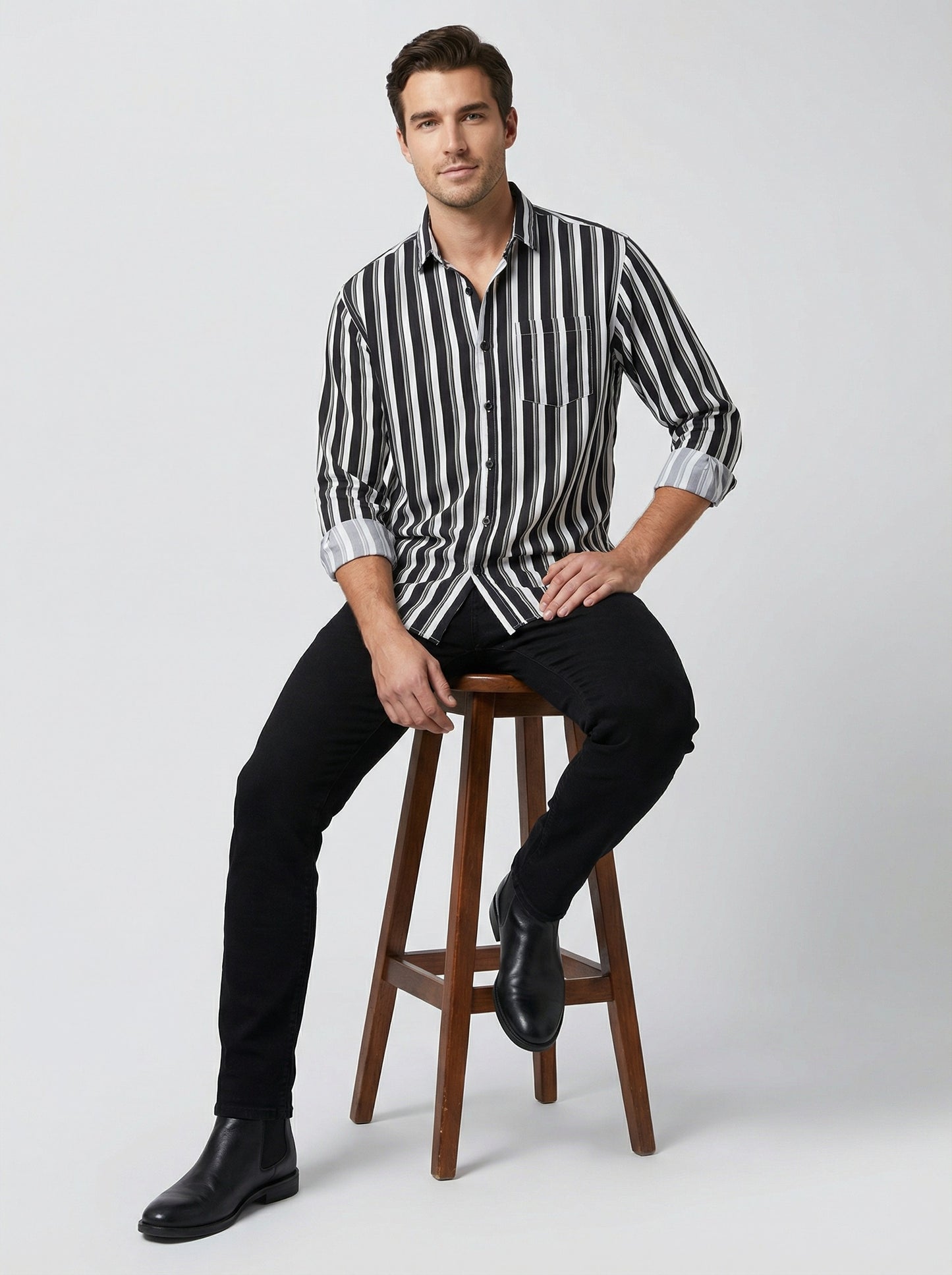 Men's Bold Black and White Horizontal Striped Long Sleeve Button-Down Shirt