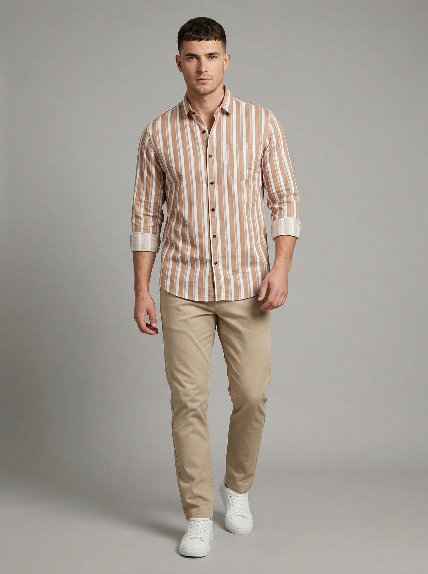 Men's Casual Brown and White Horizontal Striped Long Sleeve Button-Down Shirt