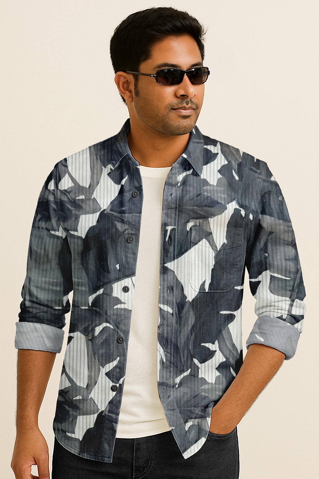 Men’s Long Sleeve Button Down Shirt – Tropical Leaf Print Cotton Shirt, Casual Summer Dress Shirt