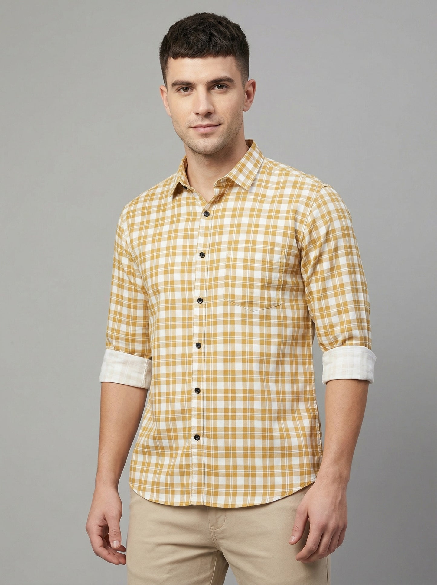 Men's Mustard Yellow Gingham Check Button-Down Shirt with Contrast Cuffs