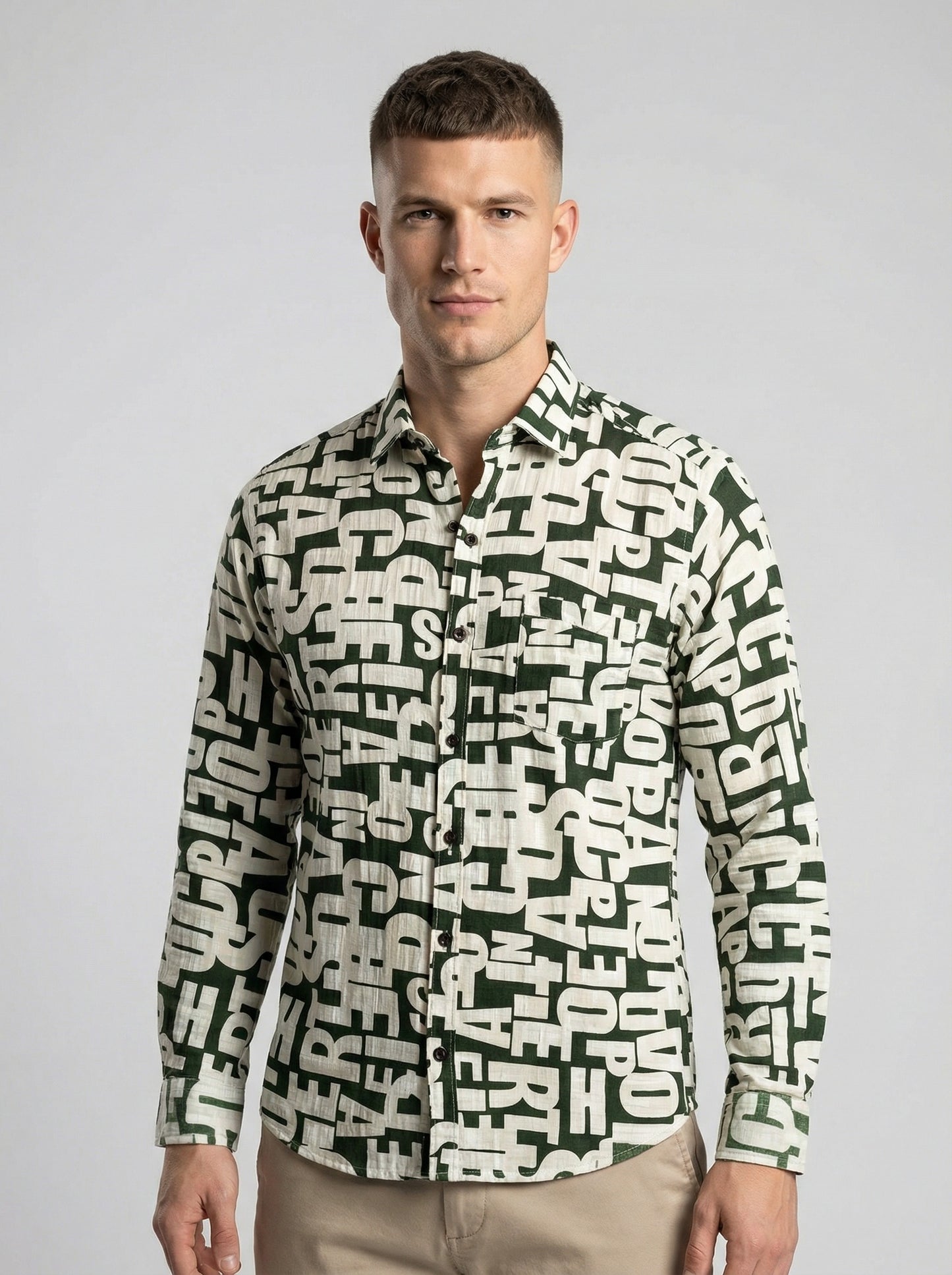Men's Abstract Typographic Letter Print Long Sleeve Button-Down Shirt
