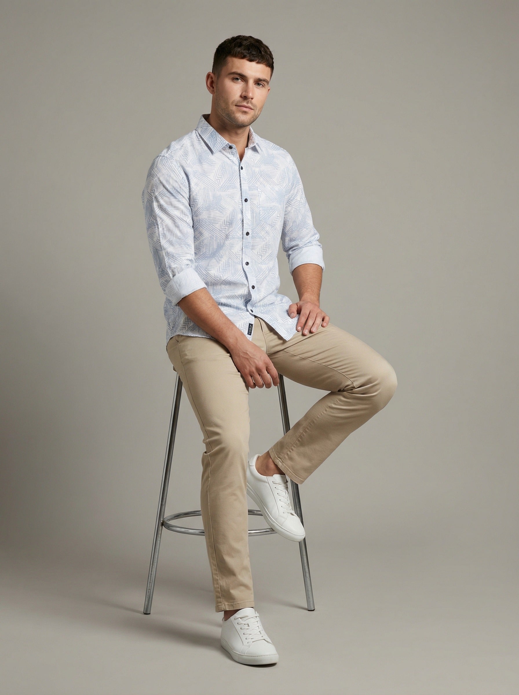 Men's Modern Geometric Print Long Sleeve Button-Down Shirt