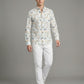 Men's Tropical Bamboo Leaf Print Button-Down Shirt - White & Tan Long Sleeve Casual Summer Shirt