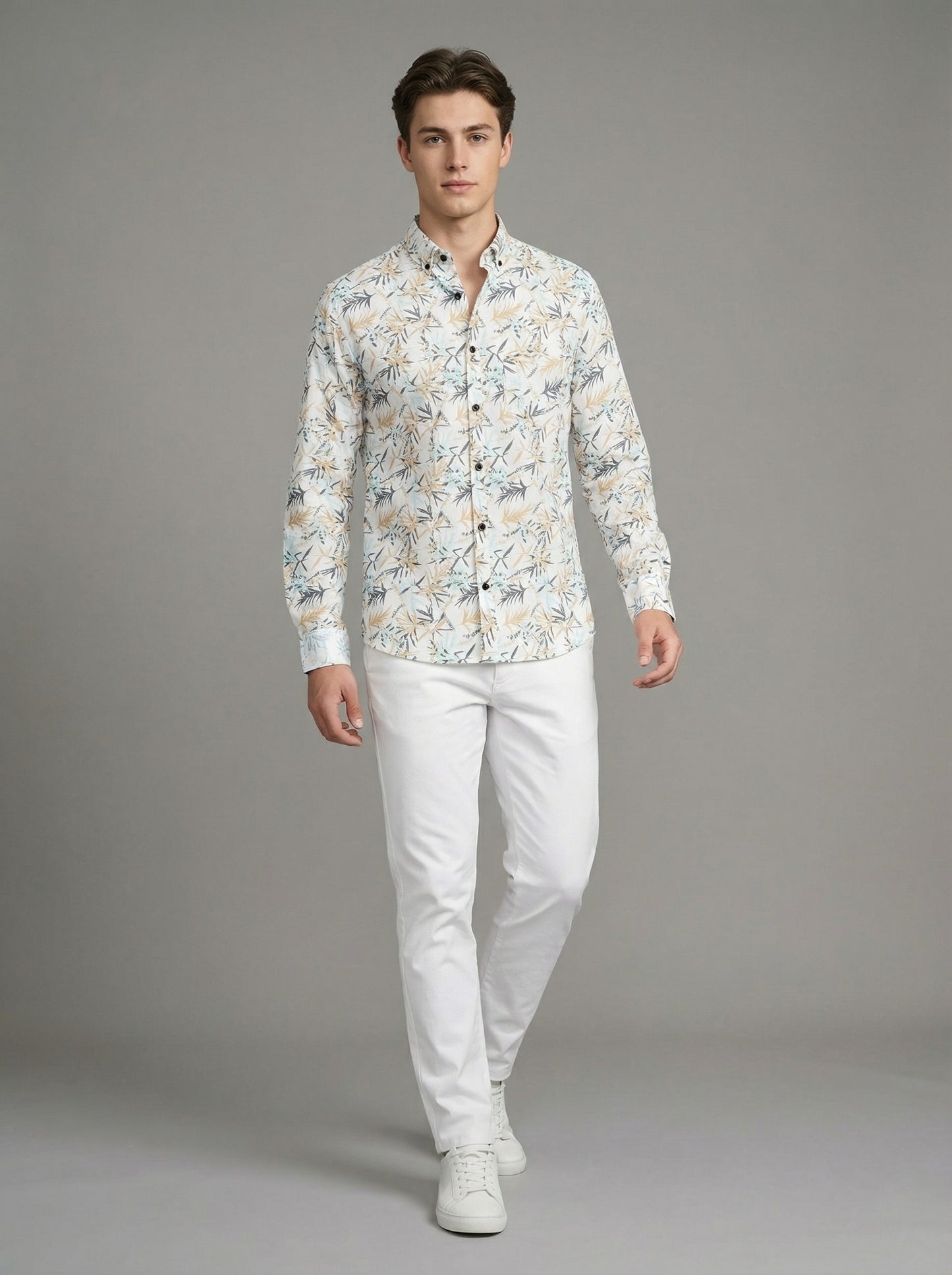 Men's Tropical Bamboo Leaf Print Button-Down Shirt - White & Tan Long Sleeve Casual Summer Shirt