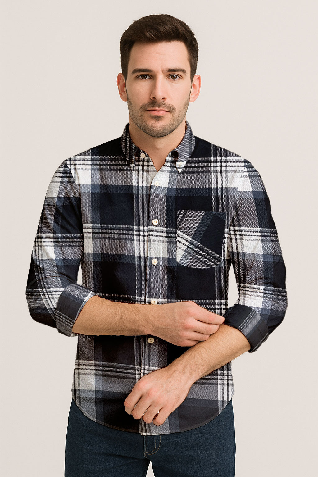 Classic Flannel Style Shirt – Long Sleeve Button Down in Checkered Plaid Pattern