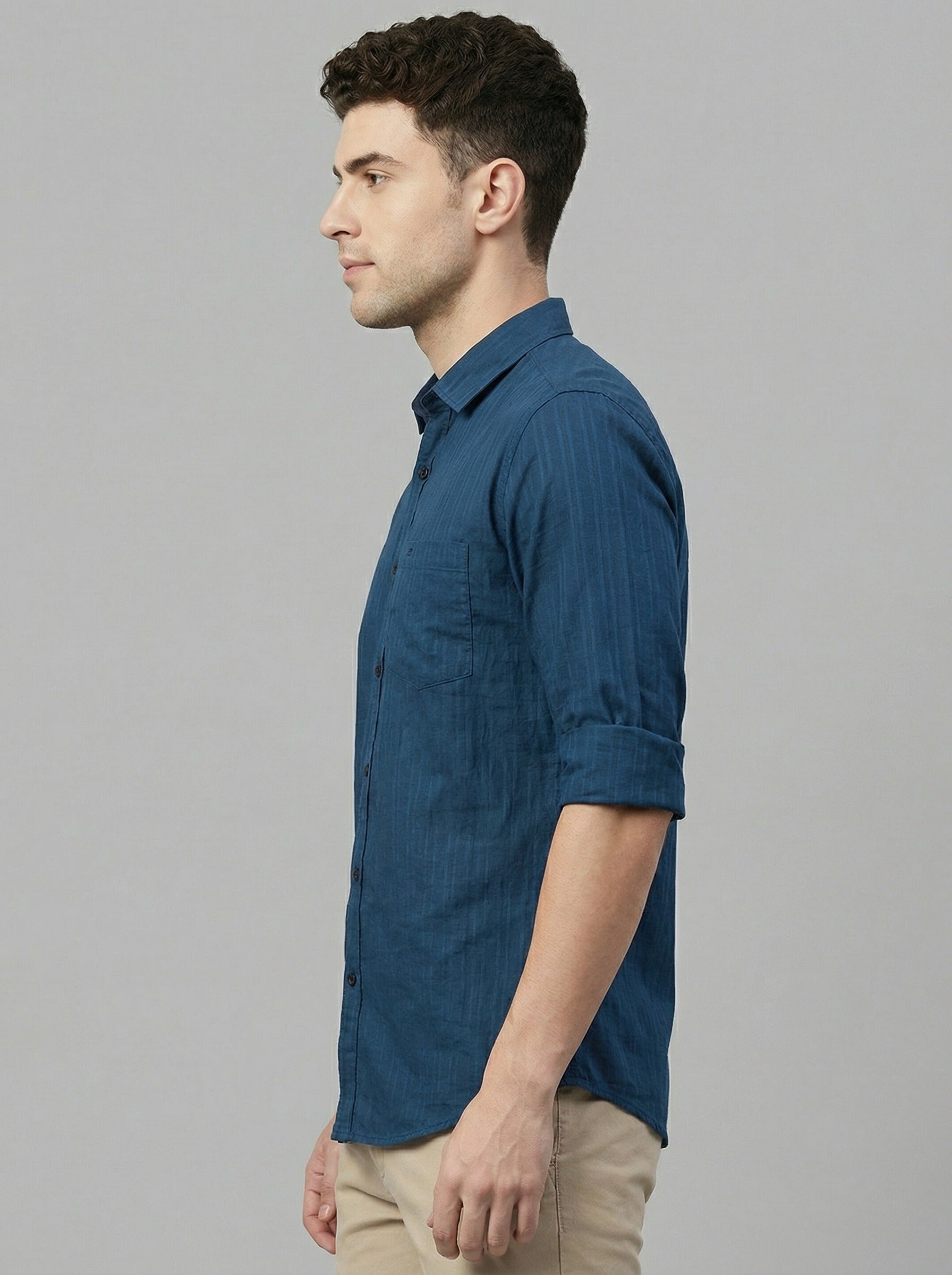 Men's Teal Blue Textured Vertical Stripe Casual Shirt - Slim Fit