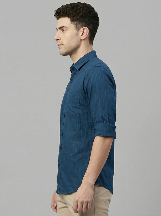 Men's Teal Blue Textured Vertical Stripe Casual Shirt - Slim Fit