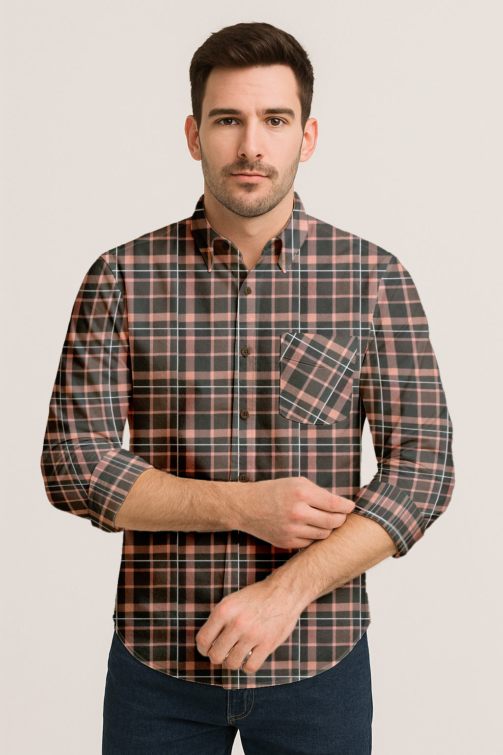 Long Sleeve Plaid Cotton Shirt – Button Down Checkered Casual Dress Shirt