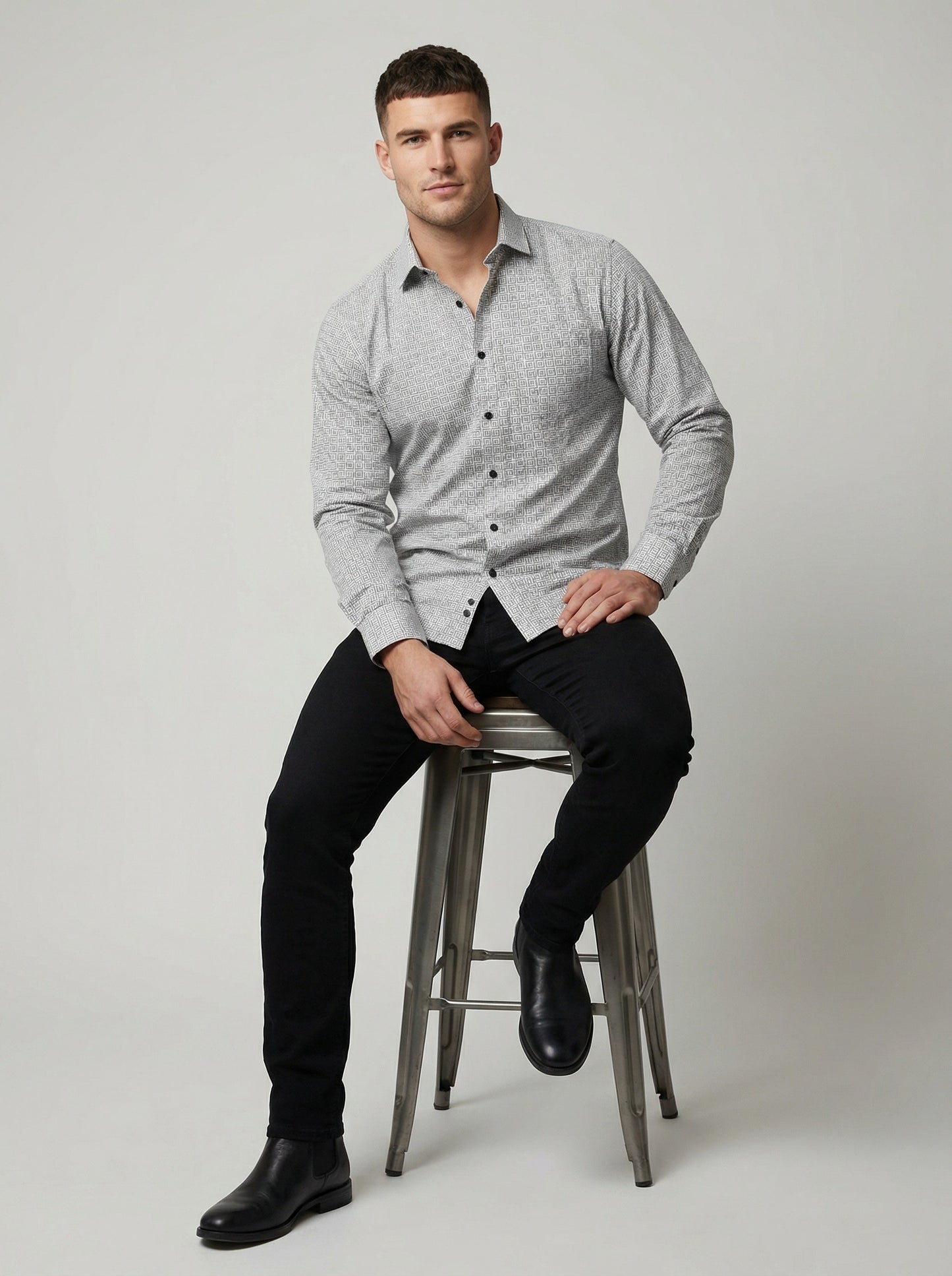 Men's Geometric Greek Key Pattern Long Sleeve Button-Down Shirt