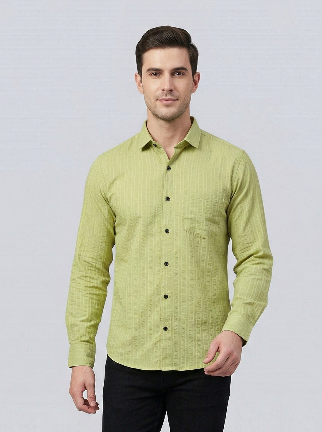 Men's Lime Green Textured Long Sleeve Button Down Casual Shirt