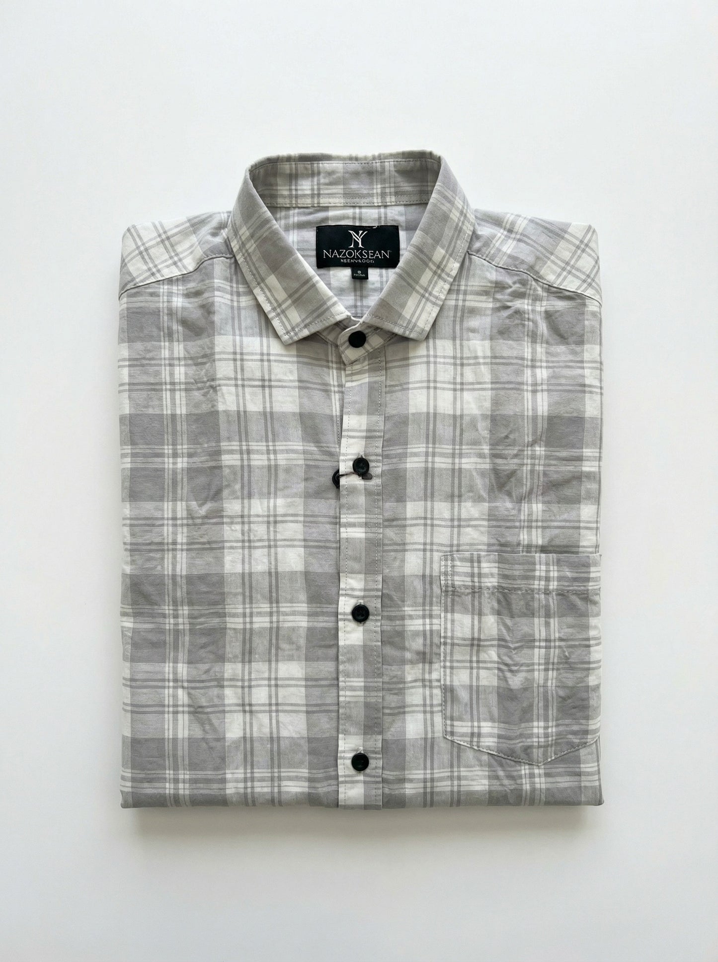 The Showfine Men's Grey and White Plaid Long-Sleeve Button-Down Shirt