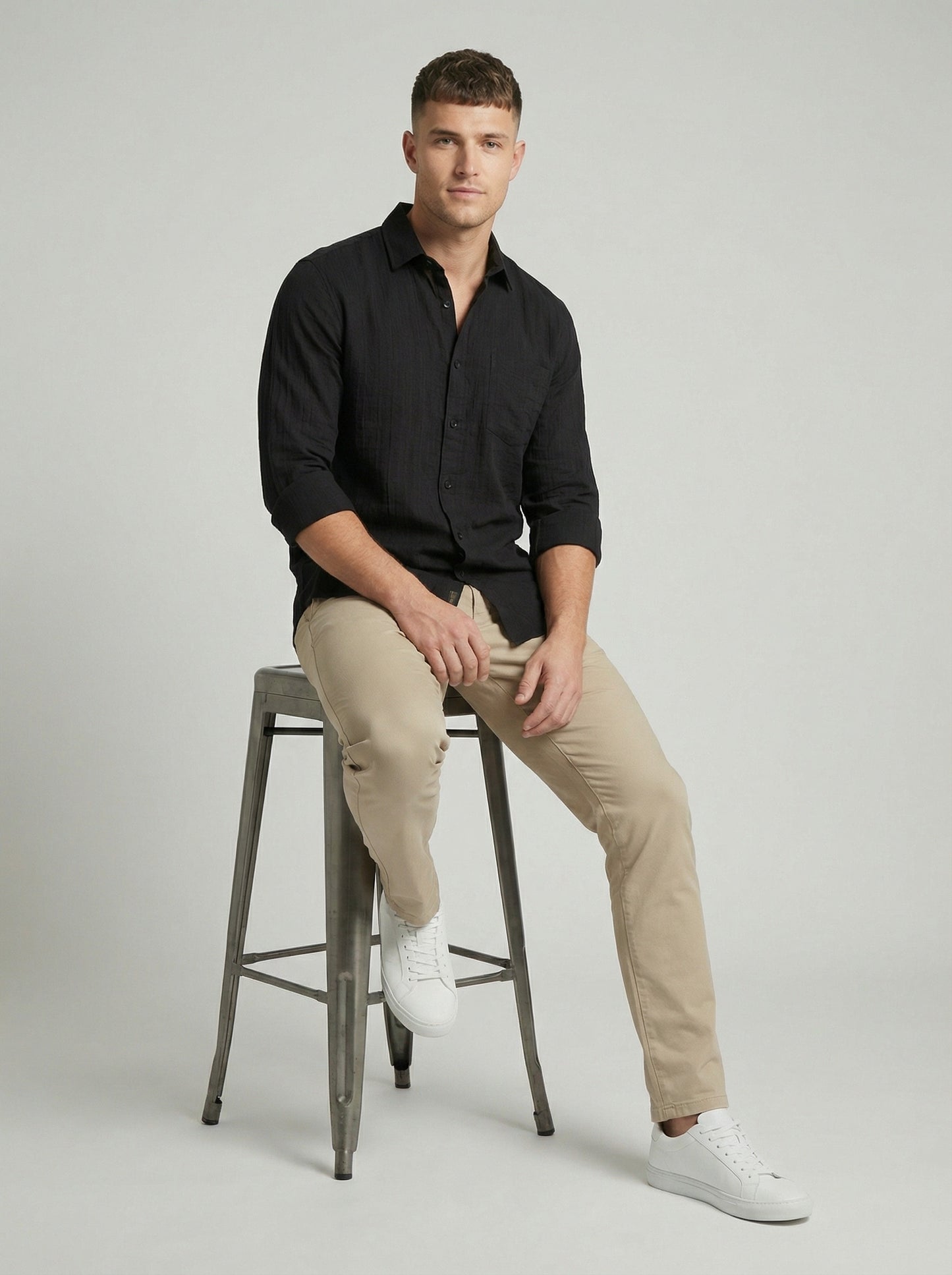 Men's Black Textured Long Sleeve Button-Down Casual Shirt - Premium Slim Fit