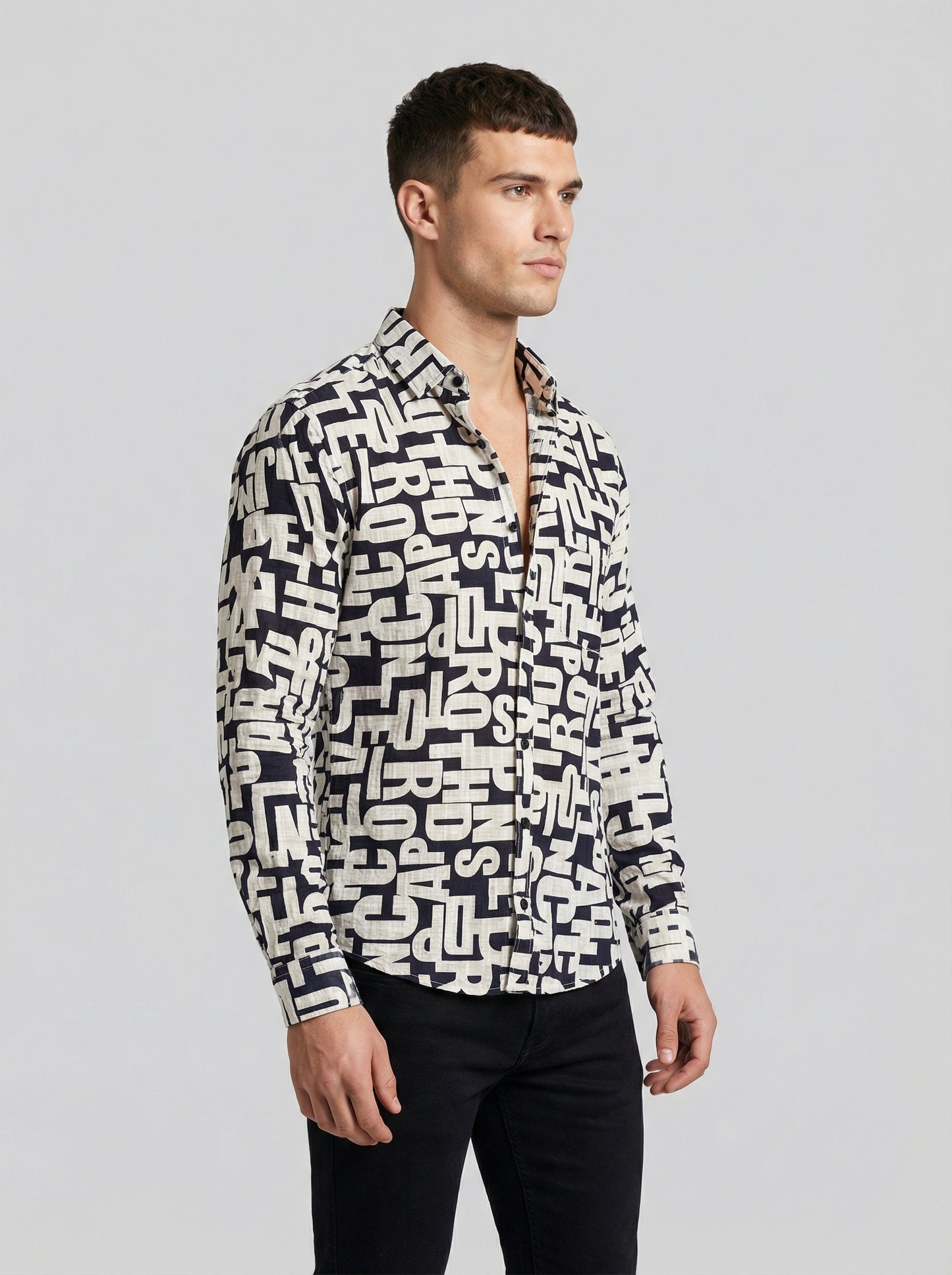 Men's Alphabet Graphic Print Long-Sleeve Button-Down Shirt