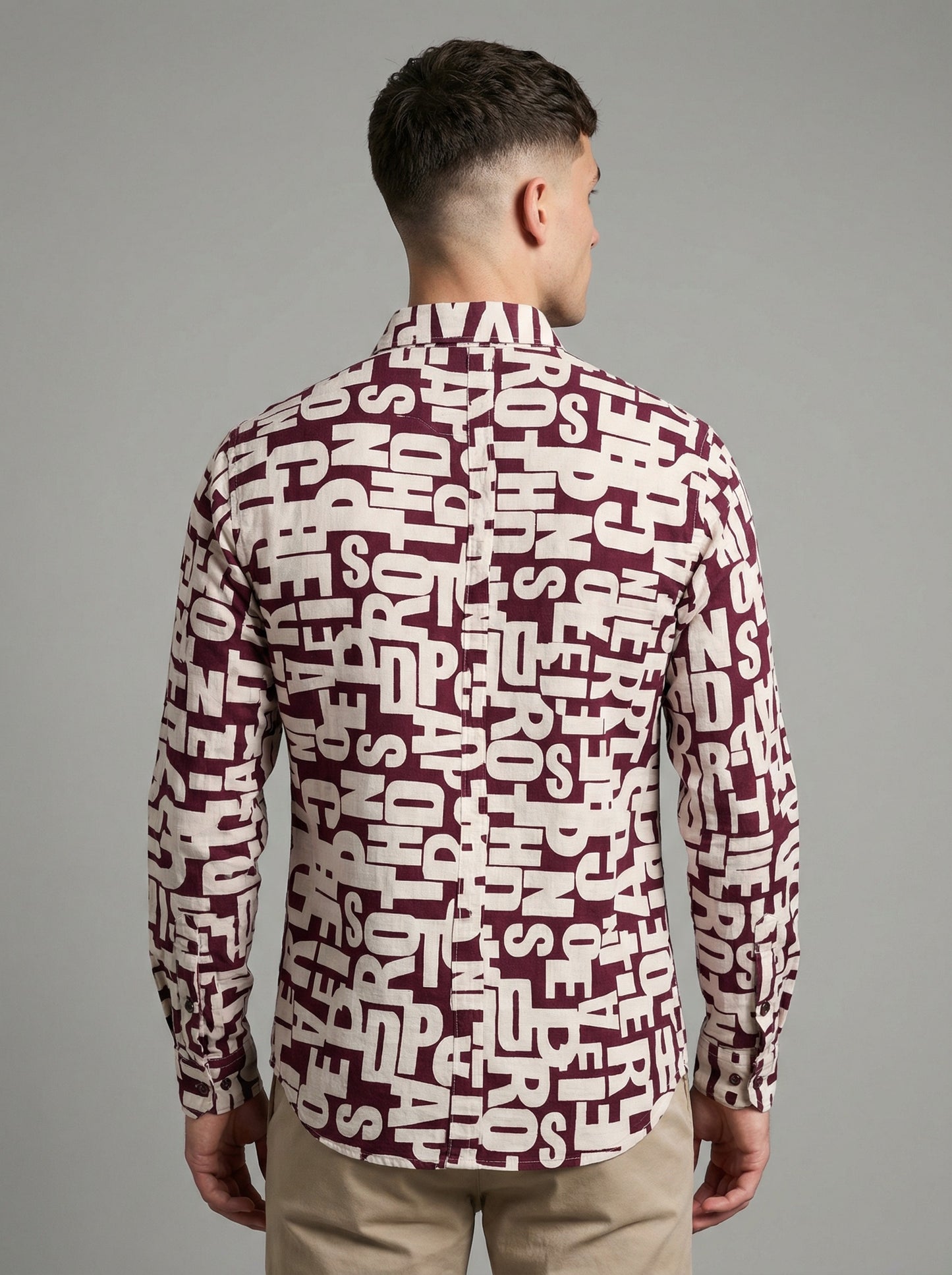 Men's Abstract Alphabet Print Button-Up Shirt - Burgundy & Cream Graphic Long Sleeve