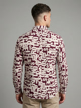 Men's Abstract Alphabet Print Button-Up Shirt - Burgundy & Cream Graphic Long Sleeve