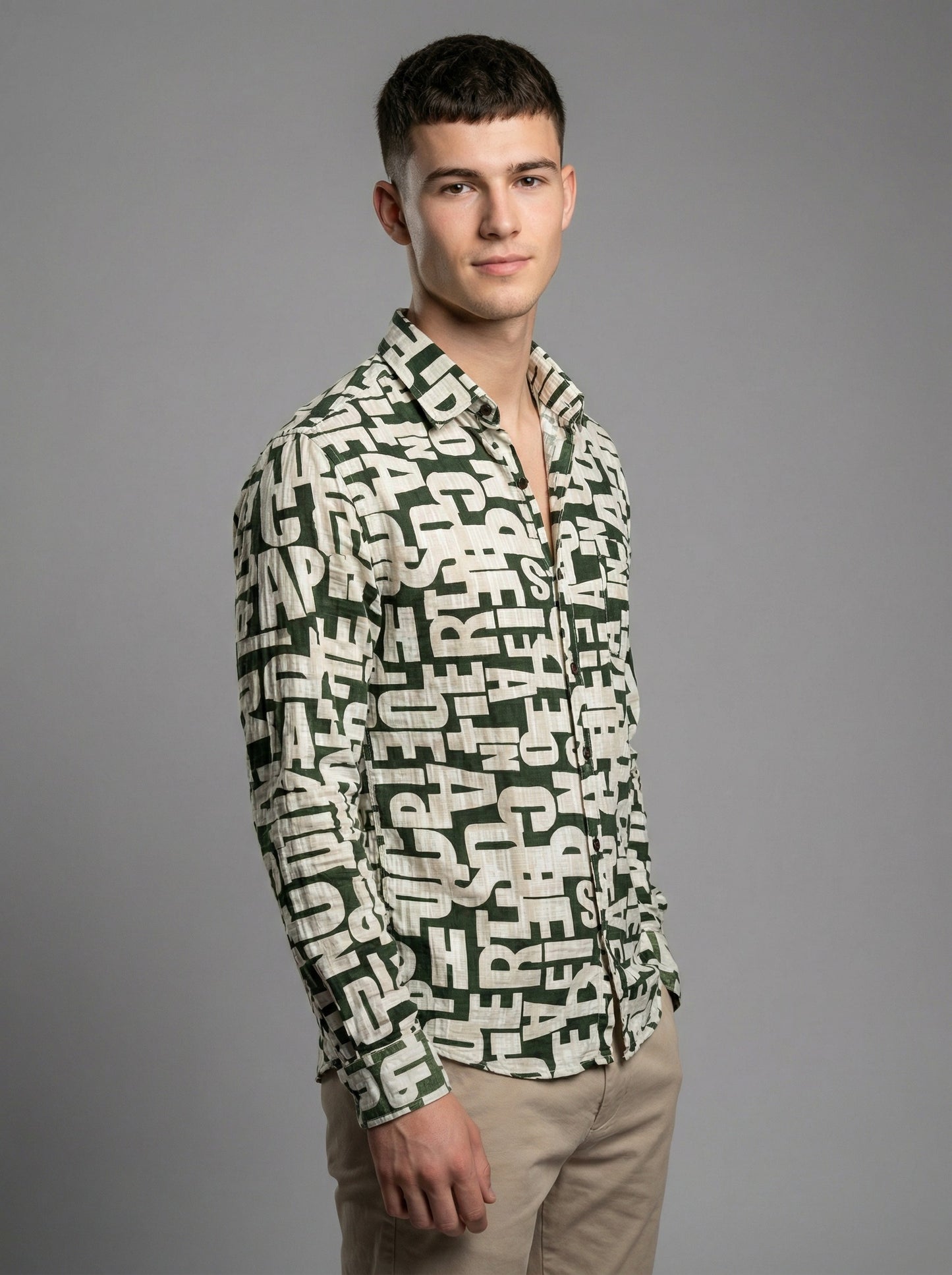 Men's Abstract Typographic Letter Print Long Sleeve Button-Down Shirt