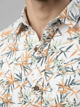 Men's Tropical Palm Orange Leaf Print Long Sleeve Button-Down Casual Shirt - Summer Vacation Style