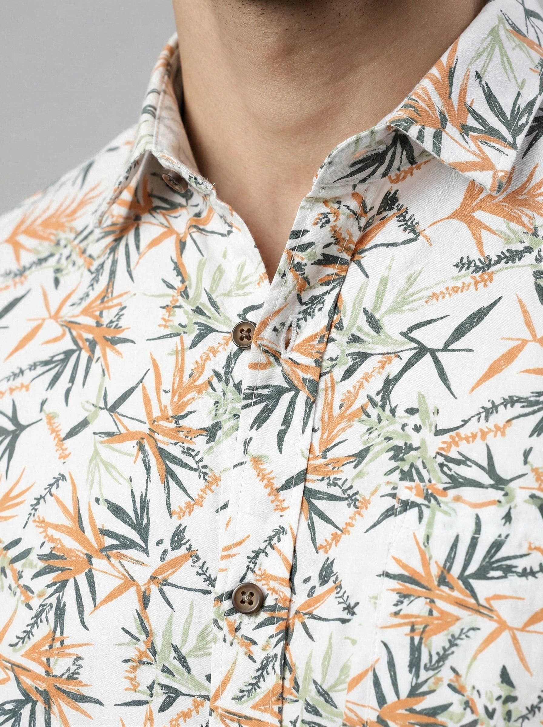 Men's Tropical Palm Orange Leaf Print Long Sleeve Button-Down Casual Shirt - Summer Vacation Style