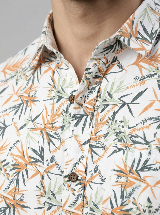 Men's Tropical Palm Orange Leaf Print Long Sleeve Button-Down Casual Shirt - Summer Vacation Style