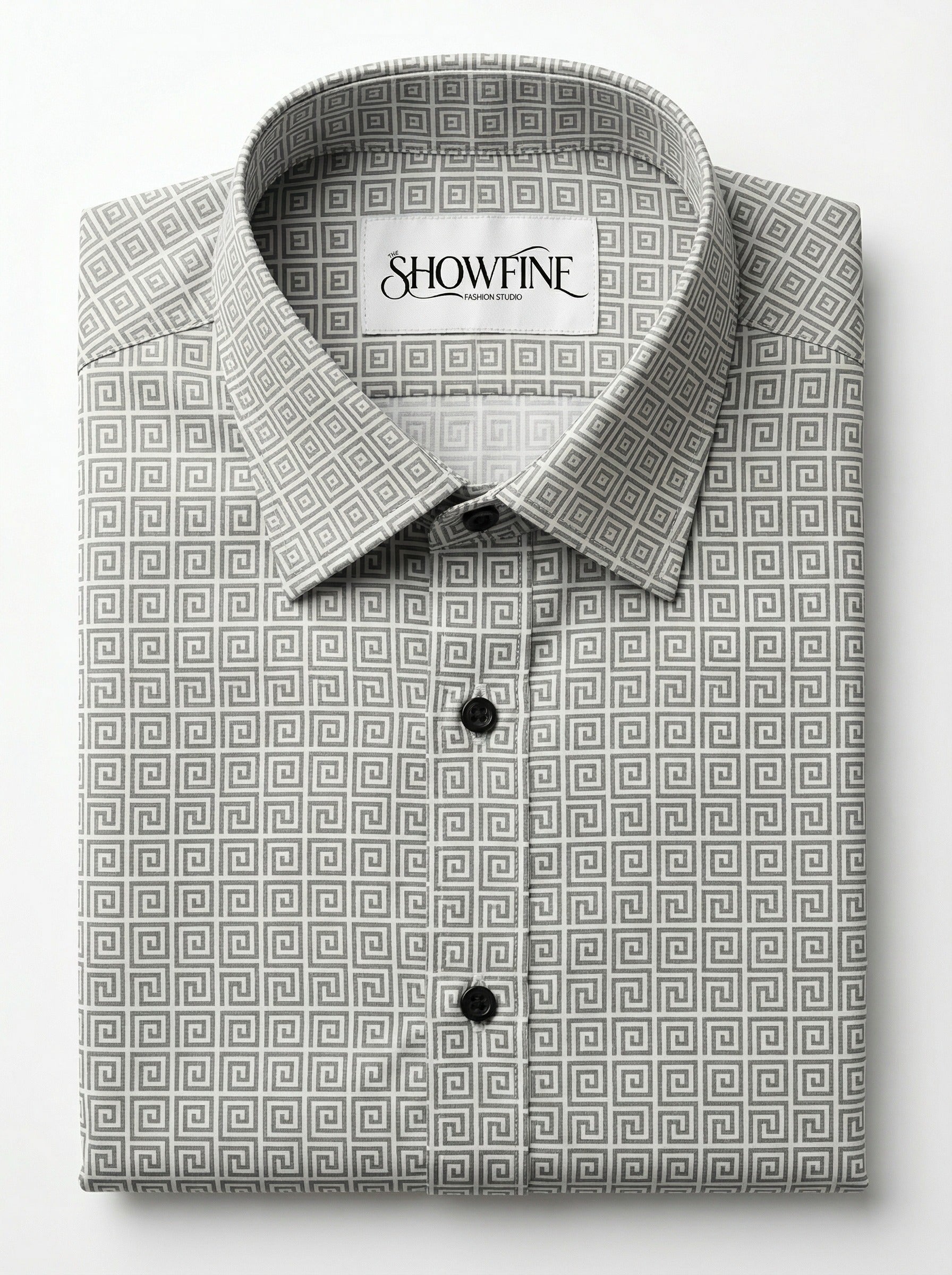 Men's Geometric Greek Key Pattern Long Sleeve Button-Down Shirt
