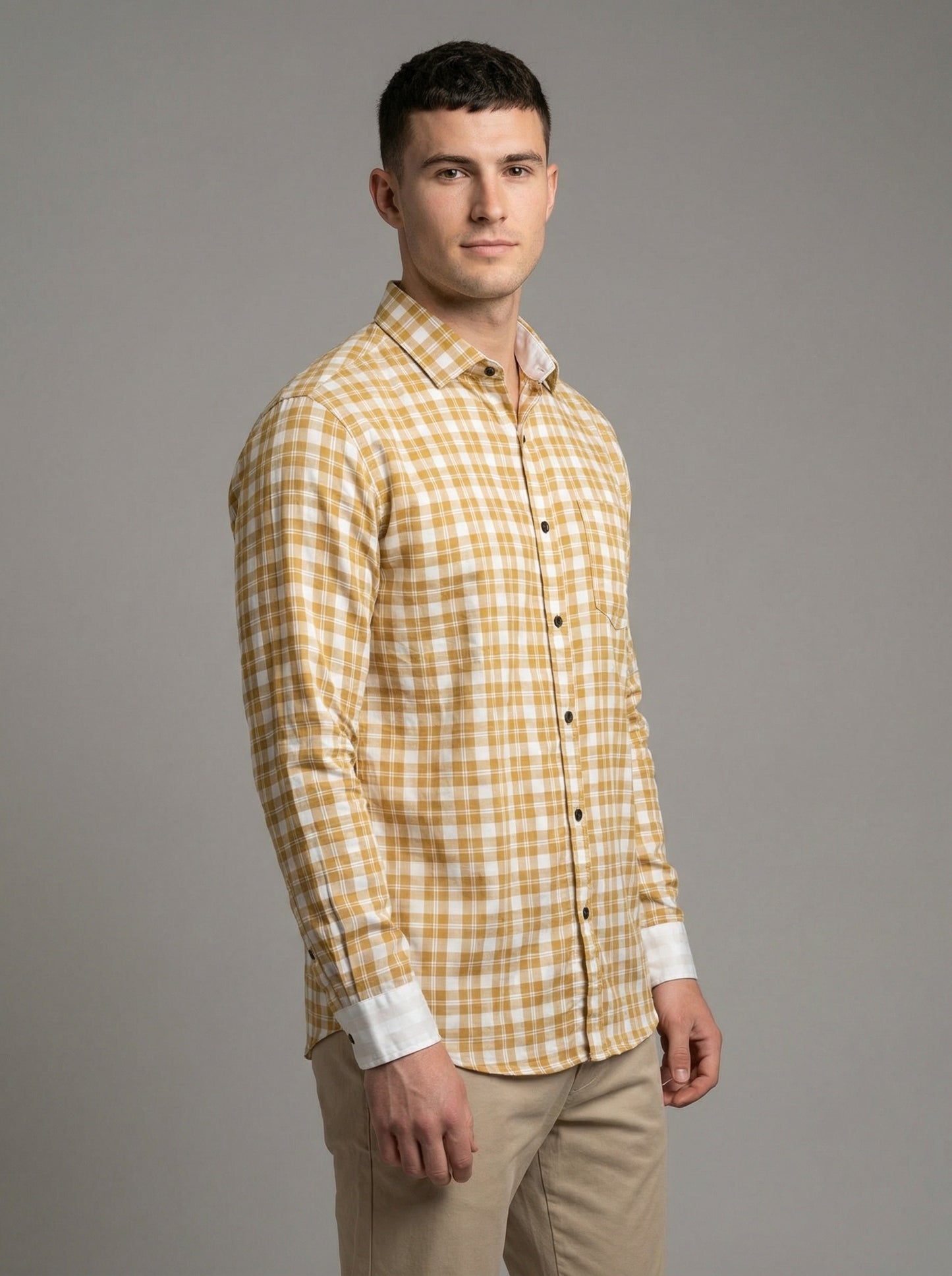 Men's Mustard Yellow Gingham Check Button-Down Shirt with Contrast Cuffs