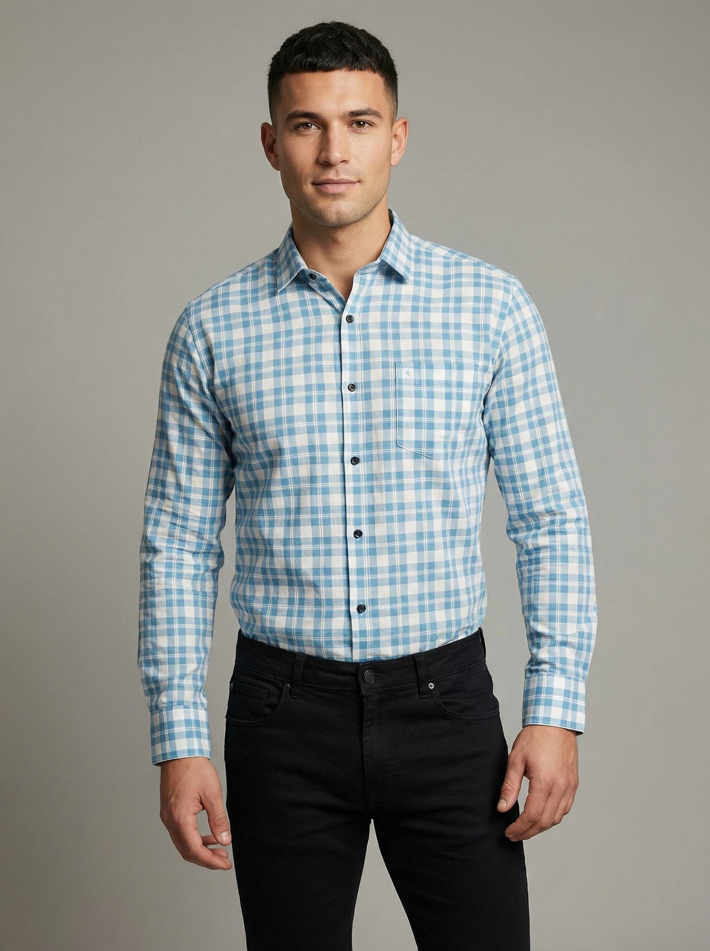 Men's Classic Blue and White Gingham Checkered Long Sleeve Button-Down Shirt