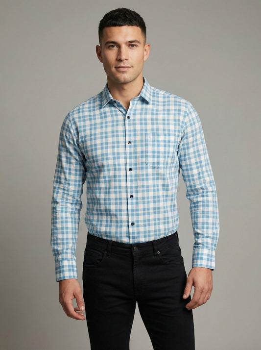 Men's Classic Blue and White Gingham Checkered Long Sleeve Button-Down Shirt