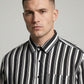 Men's Bold Black and White Horizontal Striped Long Sleeve Button-Down Shirt