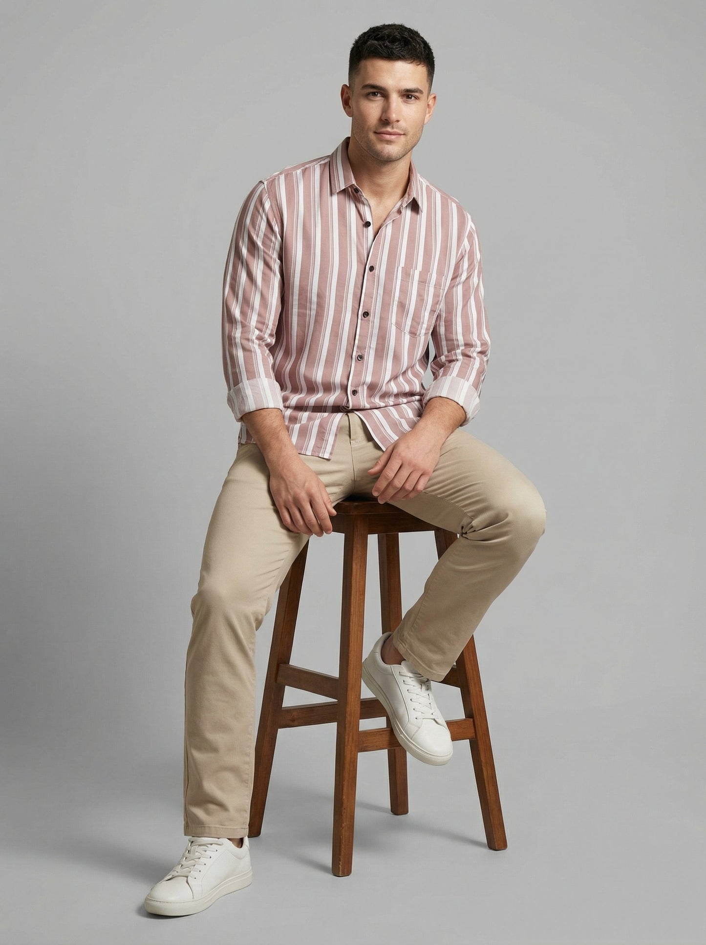 Men's Casual Striped Button-Down Short Sleeve Shirt - Mauve & White